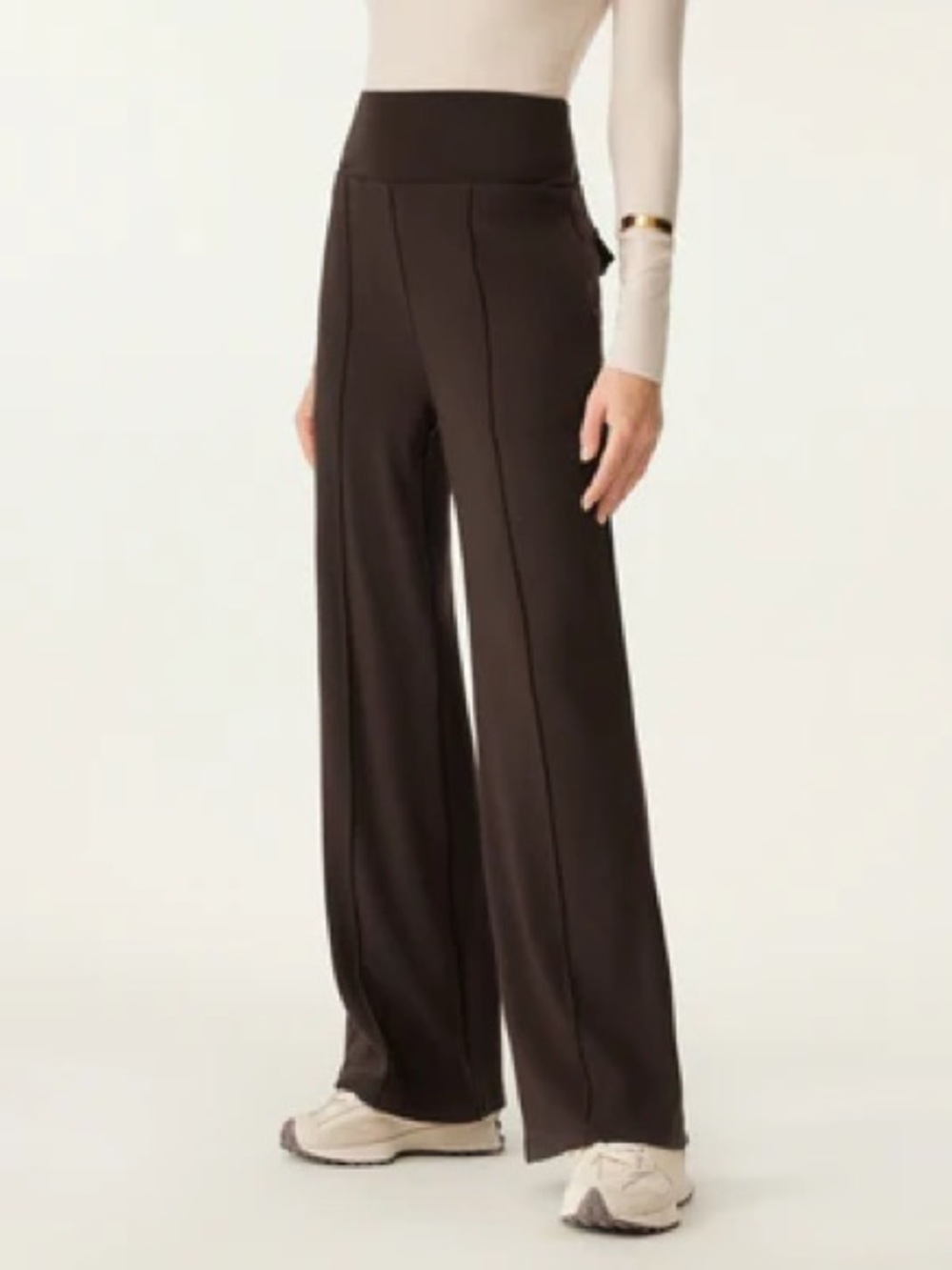 OGL Tummy Warmer Pin-Tuck Wide-Leg High-Waist Pants in Dark Brown